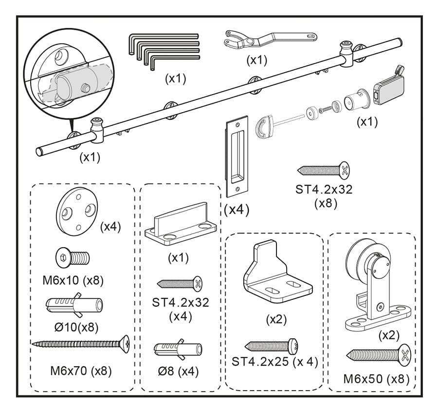 Illustration of a mechanical device in parts, labeled with details and sizes for screws, brackets, and a top-mounted soft-closing sliding door with stainless steel hardware.