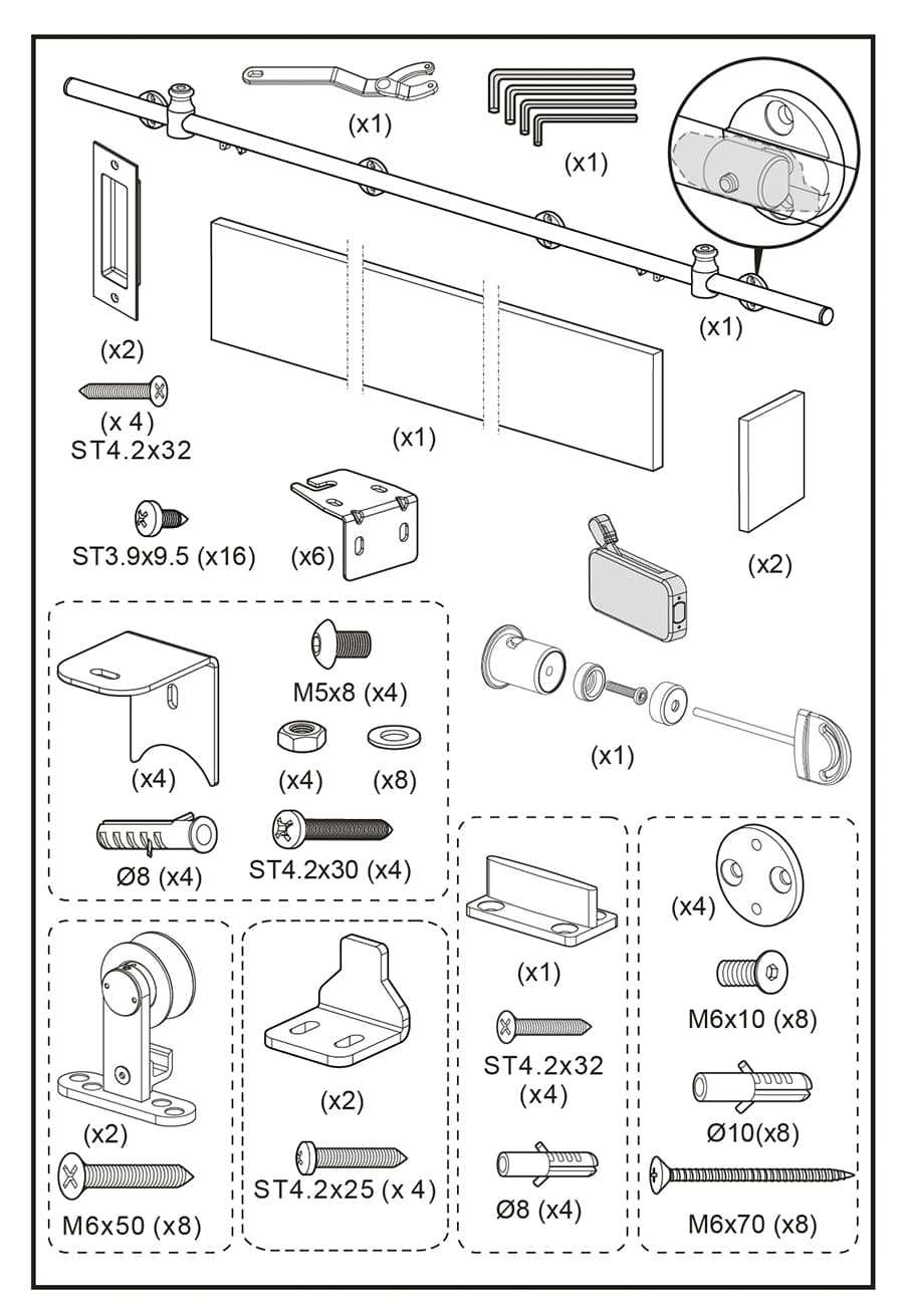 Illustration showing hardware and tools for a Soft-Closing Top Mount Bathroom Door with Wood Cover, including labeled screws, brackets, and handles.