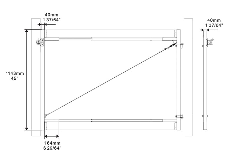 Technical drawing of a rectangular frame by Black Gate Hardware. Frame: 1143mm tall, 164mm wide, 40mm thick. Side and front views shown.