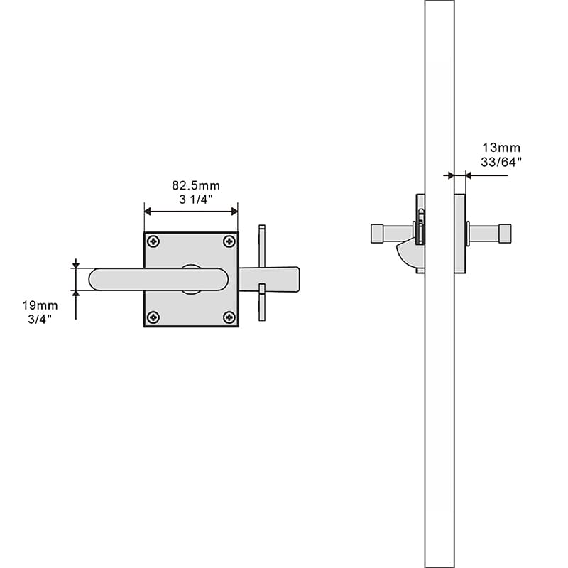 Technical diagram of a Double Side Gate Latch by Black Gate Hardware. Includes 82.5mm/19mm handle and 13mm latch plate with side/front views.