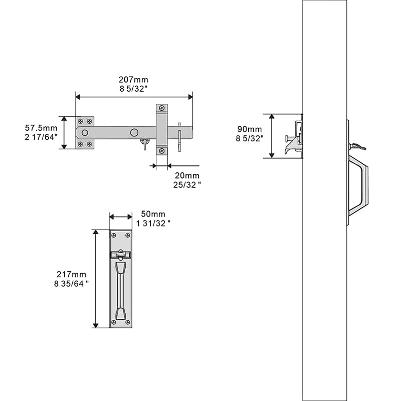 Technical diagram of a door closer mechanism, showing dimensions in mm and inches, plus an integrated single side gate latch for security.