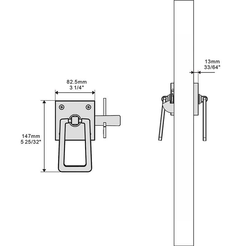 Technical drawing of Double Sided Lockable Gate Latch: Front 147mm x 82.5mm, rectangular handle; Side view: 13mm locked depth.