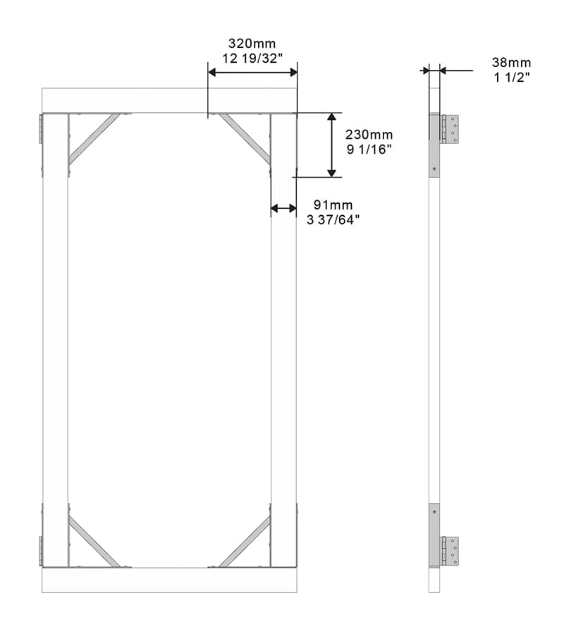 Technical drawing of rectangular frame with measurements in mm and inches, showing Heavy Duty Gate Brackets, Fasteners, diagonal braces, and side/top views.