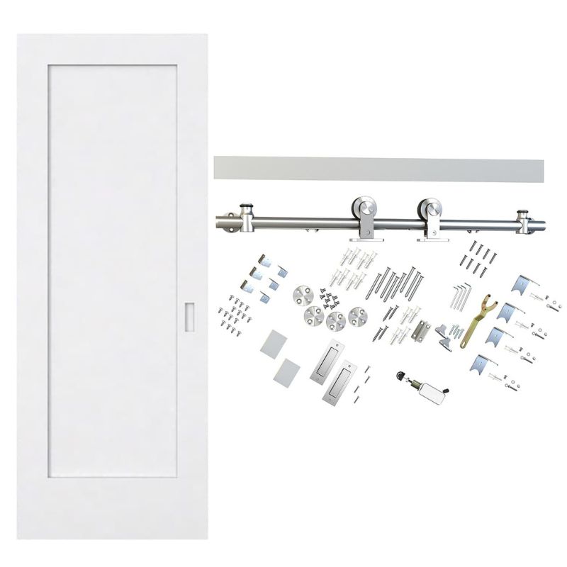 White top-mounted bathroom entry door with a soft close, metal track, wood cover, and all installation hardware included.