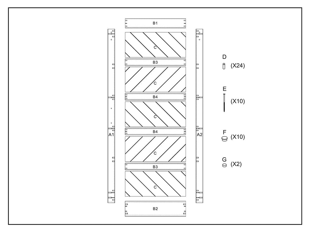 Technical drawing of a 36in x 84in Knocked Down Version Chevron Barn Door with labeled parts and diagonal bracing. Shows measurements and component counts at the right side.