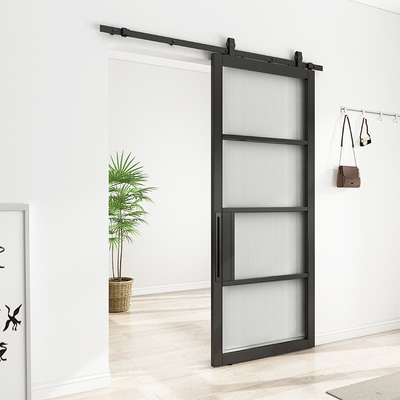 A black-framed sliding barn door with translucent panels opens to a bright room with a potted plant and coat rack on the white wall.