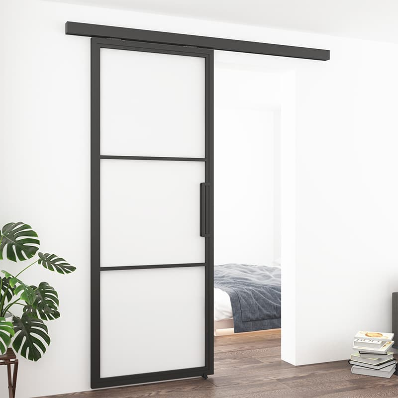 A black-framed frosted sliding door with barn door hardware separates the living area from the bedroom, accented by a plant and books.