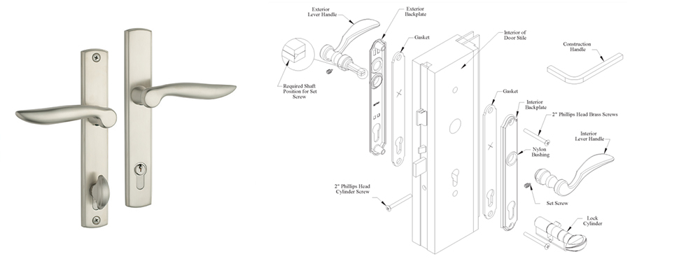 Diagram showing installation of a residential door lock set with all components and their placement.