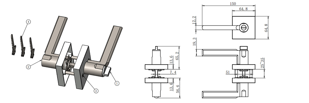 A mechanical component diagram with a U-shaped bracket, dimensions, exploded view, labeled parts 1-6, and various mechanical lock types.