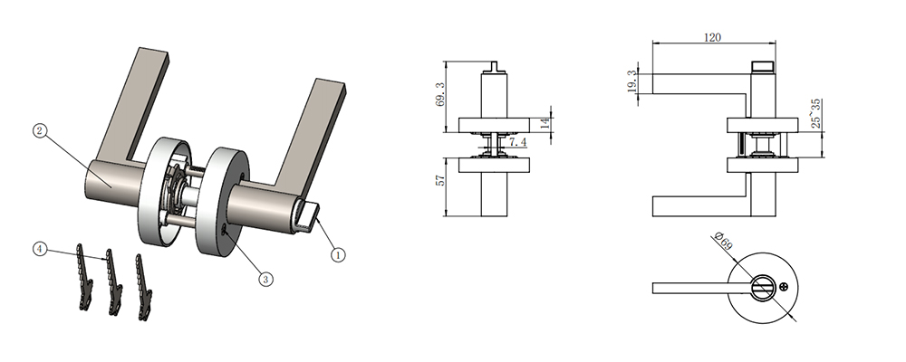 Technical drawing of a residential door lock with handles, a central mechanism, and screws. Dimensions provided for precise specs.