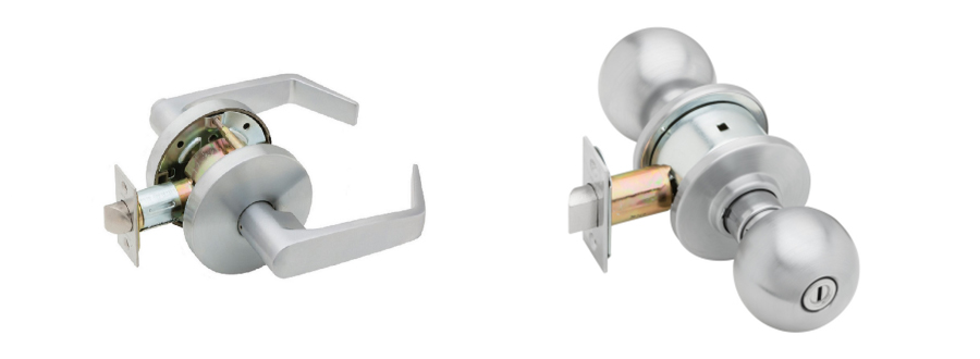 The image shows two metal door handles for residential locks: a lever handle on the left and a round knob handle on the right.