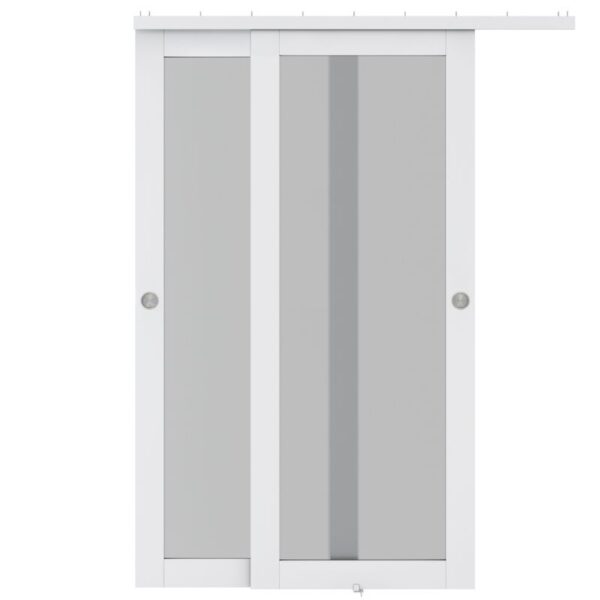 Glass sliding closet door with two clear panels, silver handles, and top track mounting.