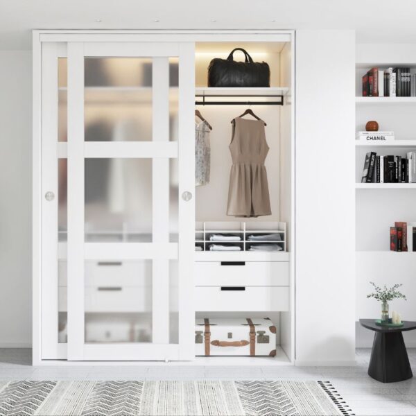 A 3-Lite Bypass Barn Door reveals clothes, drawers, and a bag in a white wardrobe. To the right is a book-filled shelf and part of a rug.