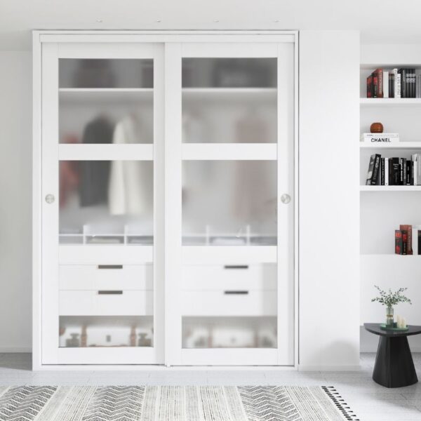 A modern closet with a 3-Lite Bypass Barn Door displays hanging clothes and shelves. A nearby bookshelf holds books and a Chanel purse.