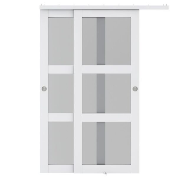 A sleek white 3-Lite Bypass Barn Door with glass panels and white frames slides smoothly on a rail, showcasing classic barn door charm.