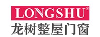 The image shows LONGSHU's logo, a major Chinese door/window supplier, with Chinese characters. Text is white on red and black on white.