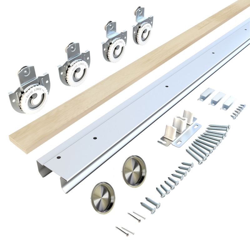 Components for the Glass Sliding Closet Door: metal tracks, rollers, mounting brackets, screws, and a wooden rail.