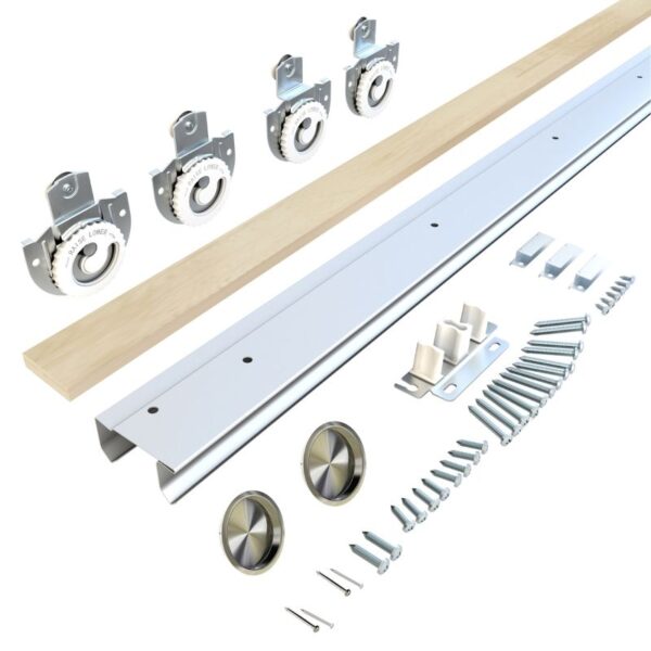 The 3-Lite Closet Bypass Door kit includes sliding hardware, tracks, screws, brackets, wood plank, wheels, and mounts on a white background.