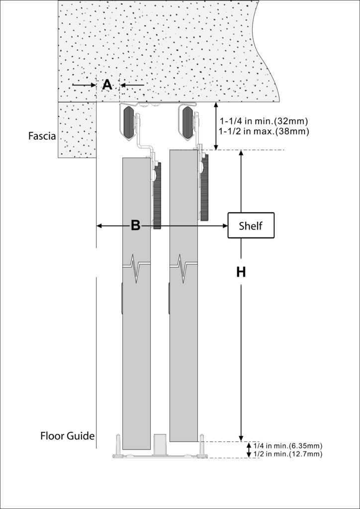 Technical diagram of a 3-Lite Closet Bypass Door with Sliding Hardware detailing fascia, floor guide, shelf installation, and dimensions A, B, H.