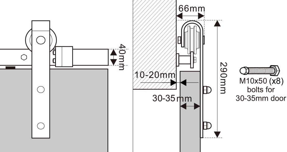 Schema tecnico per la porta scorrevole abbattibile, progettata per interni. Include viste laterali/dall'alto, dimensioni e specifiche dei bulloni per una porta da 30-35 mm.