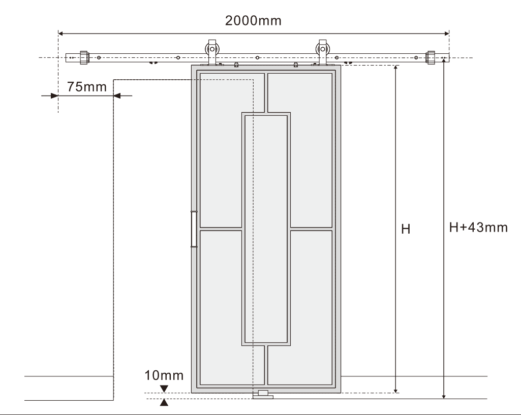 Disegno tecnico di un'elegante porta scorrevole in vetro con telaio in acciaio. Vetro satinato, larghezza 2000 mm, luce 75 mm, intercapedine da pavimento 10 mm, altezza H+43 mm.