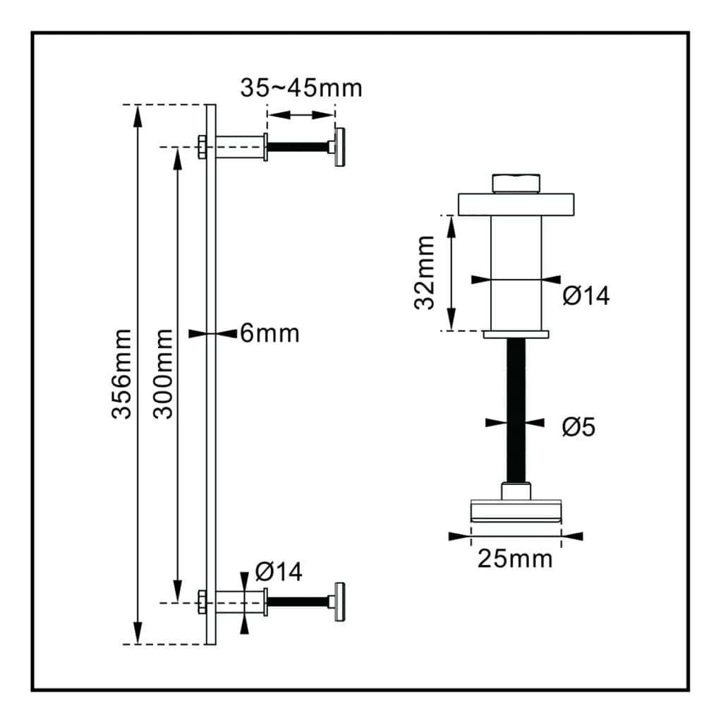 Technisches Diagramm eines Vintage-Scheunentorgriffs mit schwarzer Pulverbeschichtung: 356 mm Höhe, einstellbare Länge von 35–45 mm, Stange Ø 5 mm, Bolzen Ø 14 mm, Basis 25 mm.