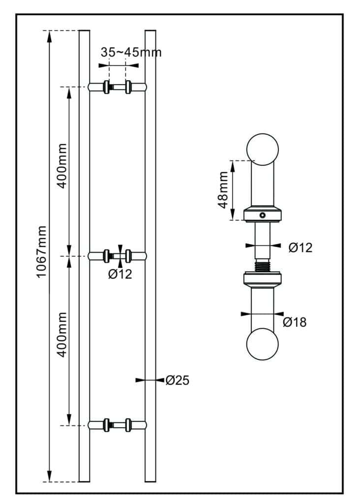Ein technisches Diagramm zeigt ein Geländer mit vertikalen Pfosten und horizontalen Stäben, 1067 mm, 400 mm Länge, Ø25/Ø12/Ø18 Durchmesser, verstellbar 35–45 mm. Gebürsteter Edelstahl für den Innen- und Außenbereich.