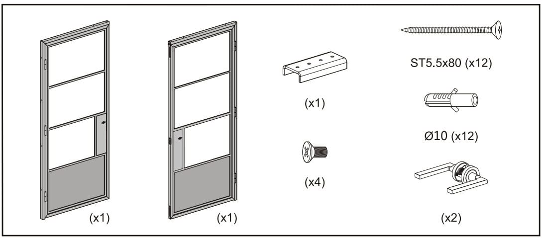 Illustrazione per porta da fienile in vetro temperato a doppio pannello: due pannelli in vetro, telaio in acciaio nero, staffe, viti, tasselli, maniglia, cerniere.