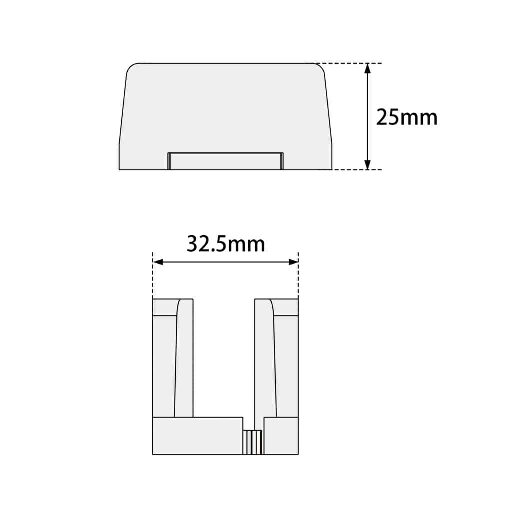 High-resolution schematic showing flashlight measurements including 25mm height and 32.5mm width.