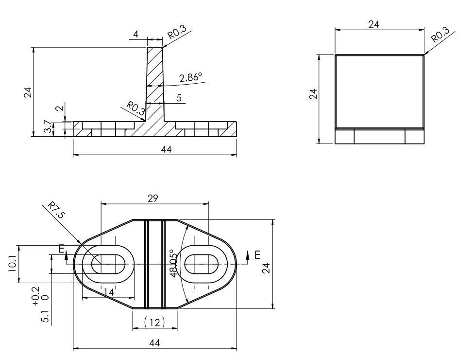 Technical drawing with three views of a mechanical component, showing dimensions and angles.