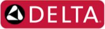 The image shows a red logo with a white triangle and "DELTA" in capital letters, a top shower door brand globally by 2024.