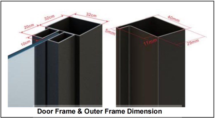 Illustration of the Elegant Black Interior Swing Glass Door with customizable sizes. Frame options: 20x32x3cm & 5mm; 11x29x40mm.