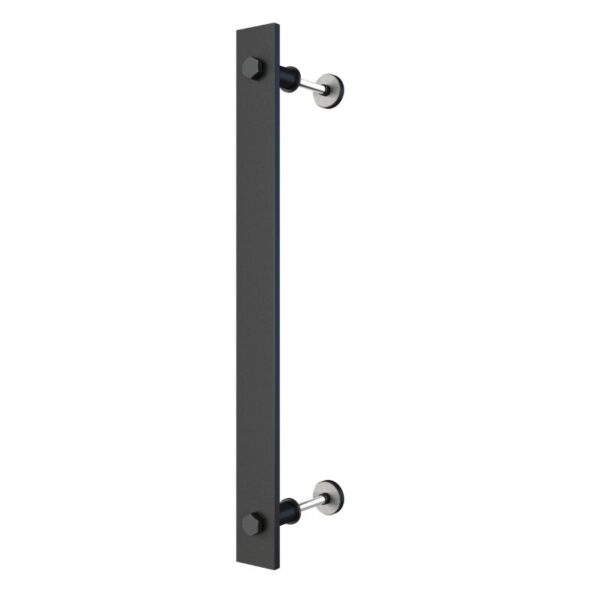 American Vintage black powder-coated wooden sliding barn door handle with silver brackets, designed for vertical installation.