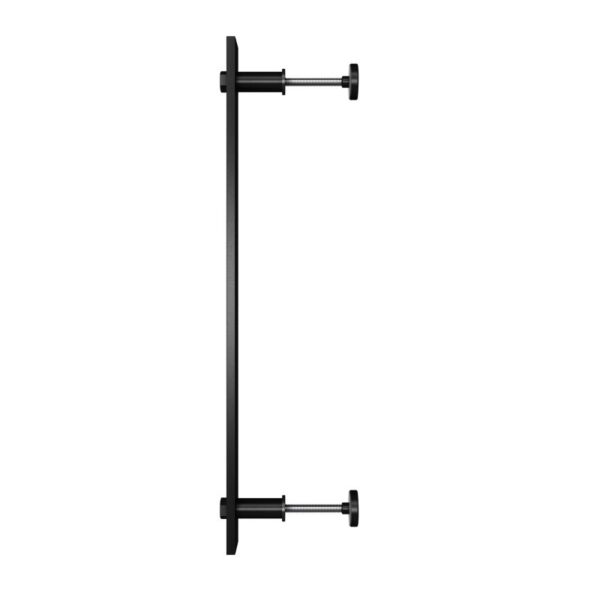 Side-view of a black wall-mounted pull-up bar with two adjustable attachments against a white backdrop.