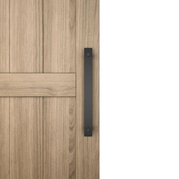 Close-up of a wooden sliding barn door with an American Vintage Black Pull Handle on the right; light brown wood with visible grain.