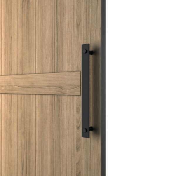 Sliding barn door with horizontal panels and an American Vintage black powder-coated wooden pull handle.