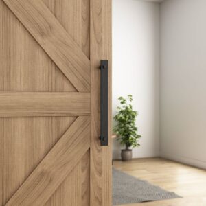 A wooden barn door with a black handle is ajar, revealing a lit room with a potted plant and striped rug on the wooden floor.