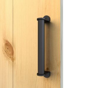 A wooden door showcases a Modern 10" Black Cylindrical Barn Door Pull Handle, installed vertically with visible end screws.