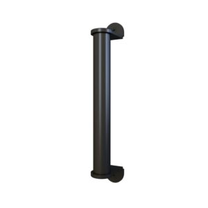 La moderna maniglia cilindrica nera da 10" per porta del fienile presenta un design elegante, si monta verticalmente ed è fissata tramite supporti a parete rotondi.