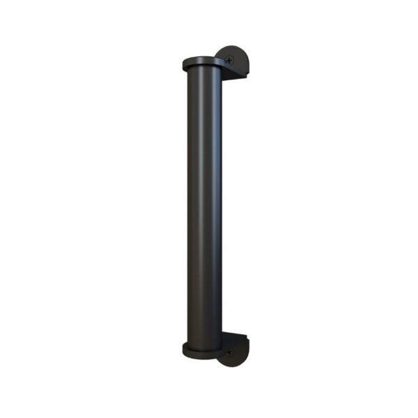 The Modern 10" Black Cylindrical Barn Door Handle features a sleek design, mounts vertically, and is secured by round wall fixtures.