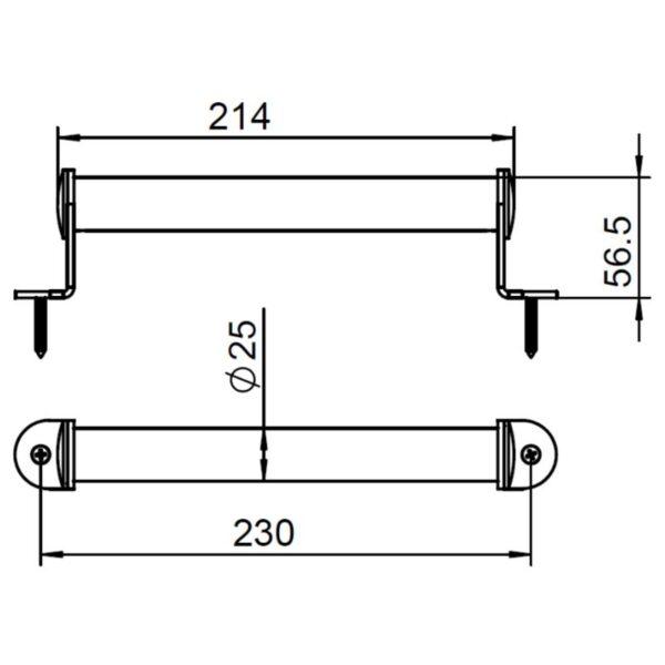 Technical drawing of the Modern 10-Inch Black Barn Door Pull Handle for wood doors: 214x56.5mm, 230mm width, 25mm diameter.