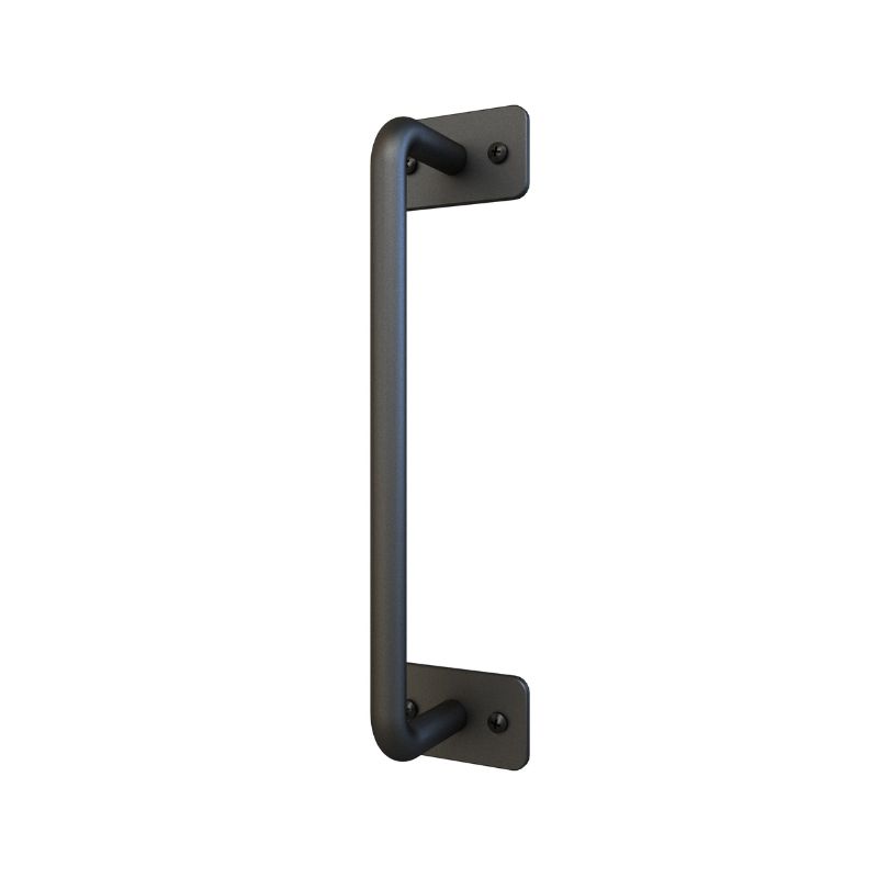 The modern Black Barn Door Grip, mounted vertically on a white wall, enhances sophisticated interior designs.