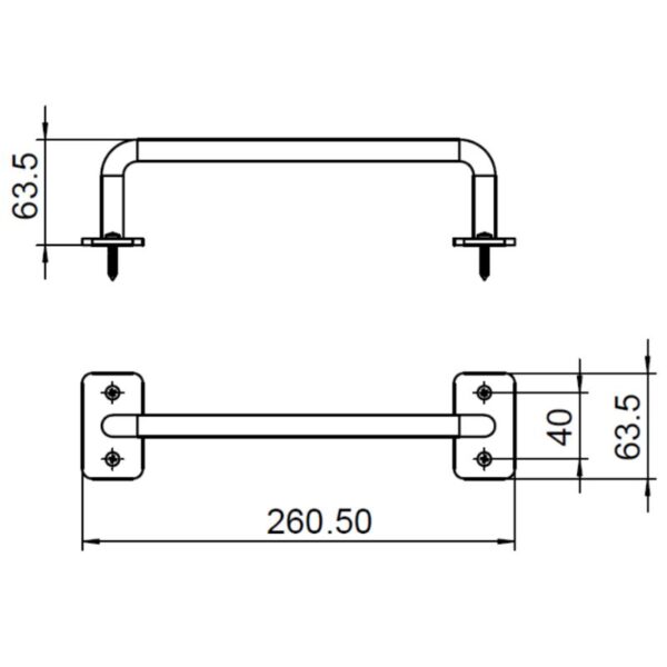 The Black Barn Door Grip's technical drawing highlights its dimensions: 260.5 x 63.5 x 40 mm. Easily installable with precise mounts.