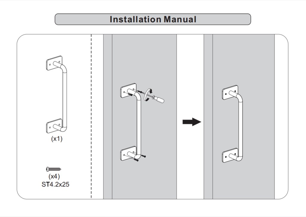 Illustration of installation steps for interior use with the Sleek Black Barn Door Grip, required screws, and tools.