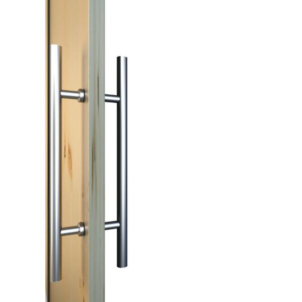 Close-up of a wooden door edge with a modern double-sided H-Shaped barn door handle in brushed stainless steel, featuring twin bars.