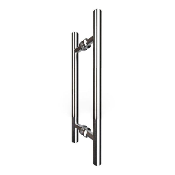 A pair of sleek, modern brushed stainless steel H-shaped handles, ideal for barn doors.