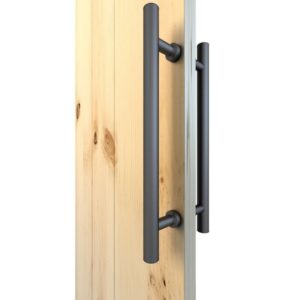 A wooden door with modern flair features a brushed stainless steel double-sided H-shaped barn door handle.