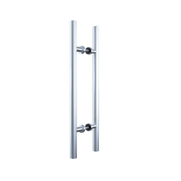 The Double-Sided H-Shaped Modern Barn Door Handle features a silver, cylindrical design with vertical bars and horizontal rods.