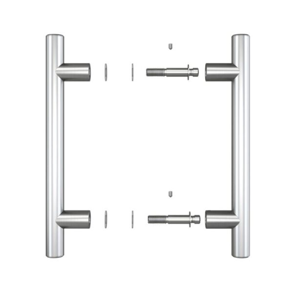 The Brushed Stainless Steel Barn Door Handle for sliding doors is shown with bolts and washers on a white background.