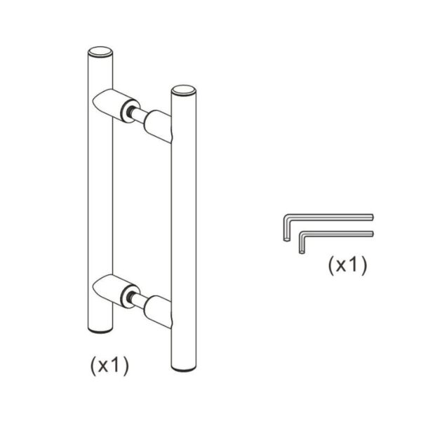 Diagram of Stainless Steel Barn Door Handle set for sliding doors, includes two handles, parts, L-shaped wrenches. Ideal installation kit.